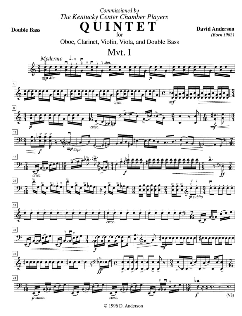 Dave Anderson: Quintet for Oboe, Clarinet, Violin, Viola, and Double Bass