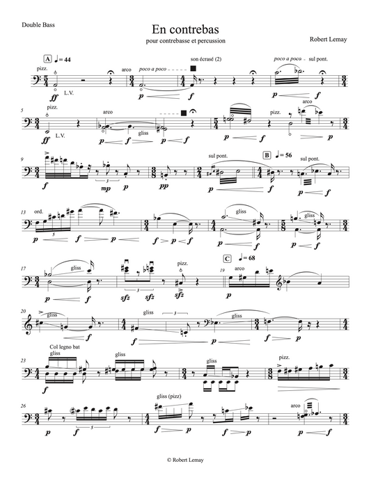 Robert Lemay: En contrebas for Double Bass and Percussion (conga and 2 bongos)