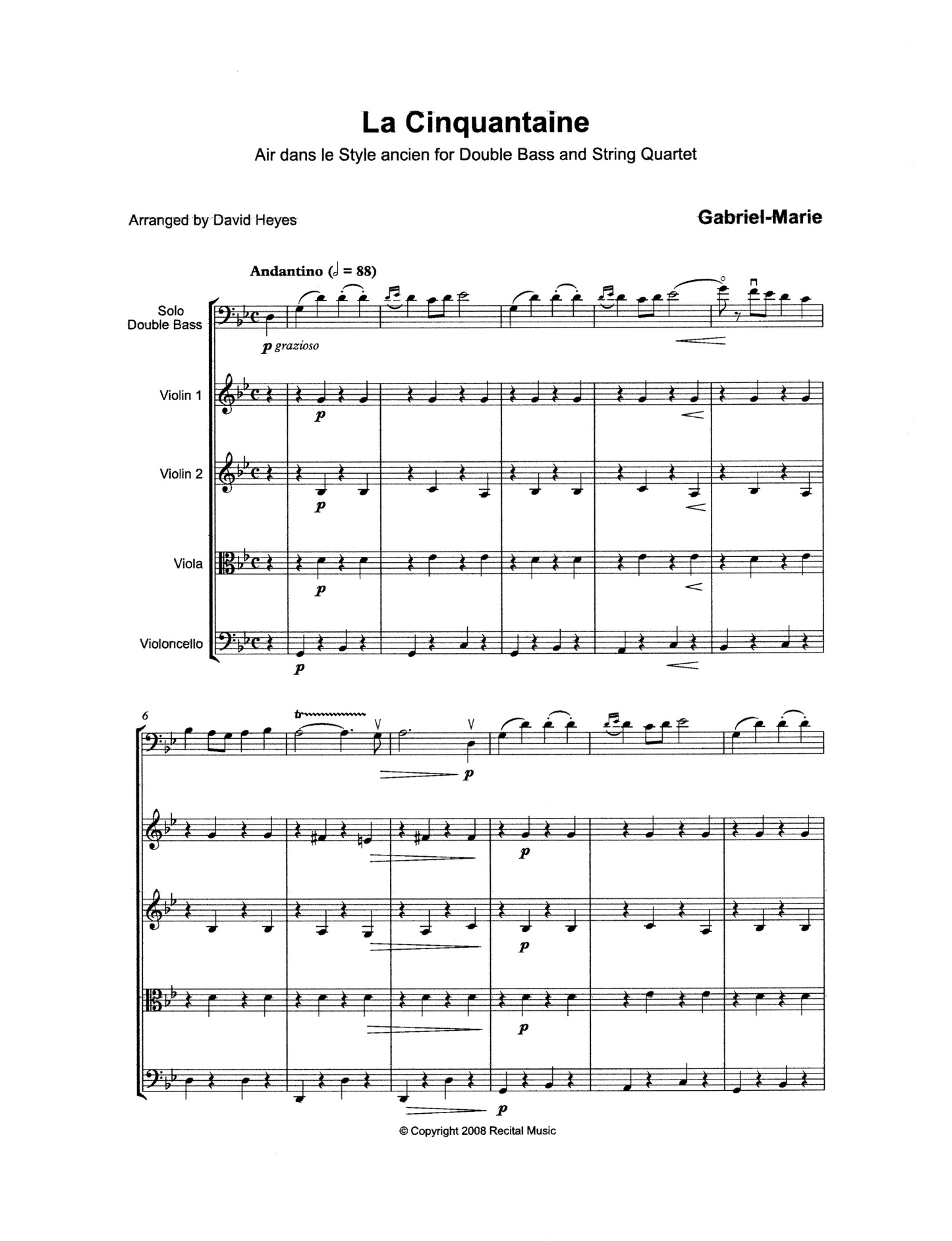 Gabriel-Marie: La Cinquantaine for double bass & string quartet (arr. Heyes)