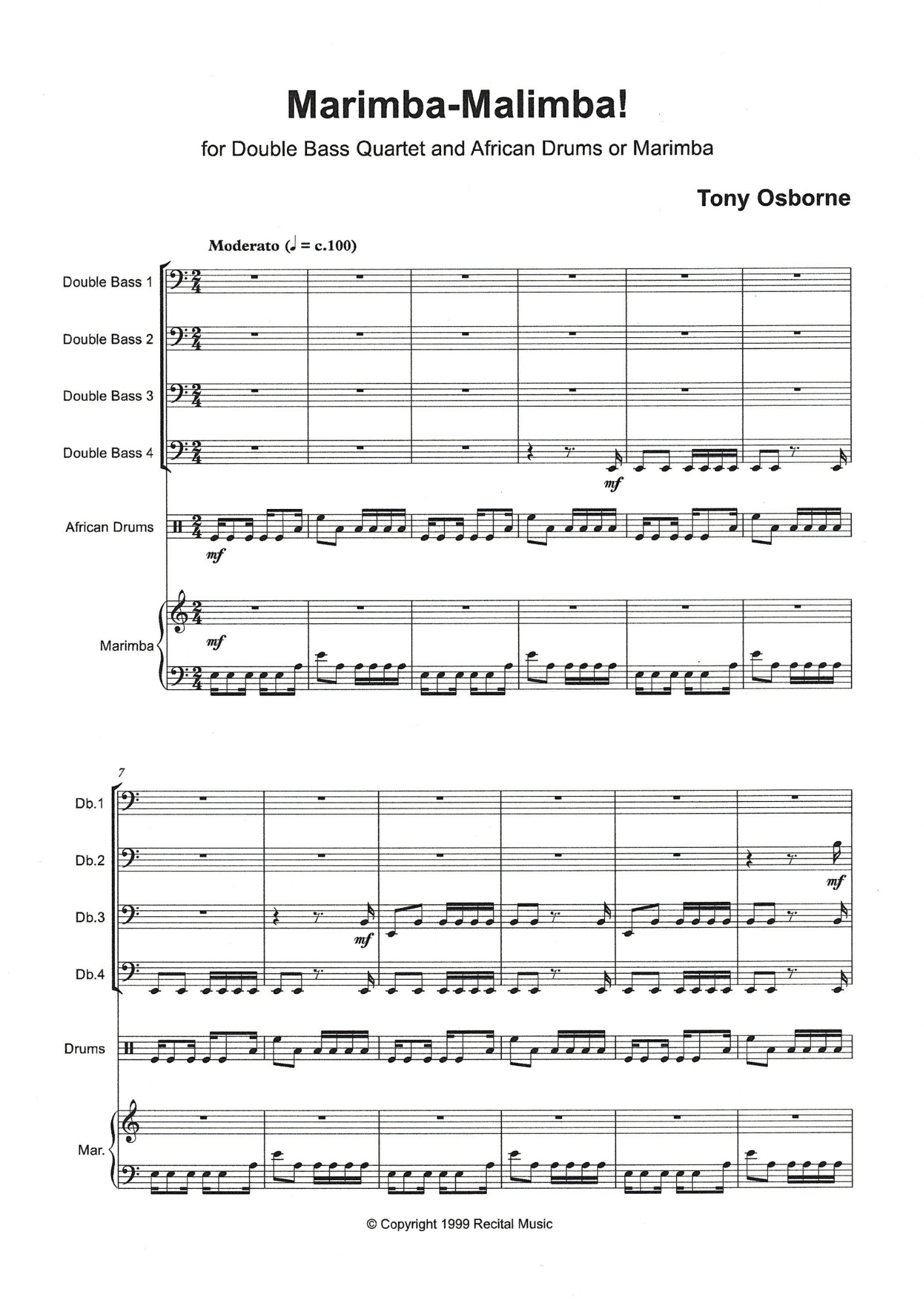 Tony Osborne: Marimba-Malimba! for double bass quartet and African drums or marimba