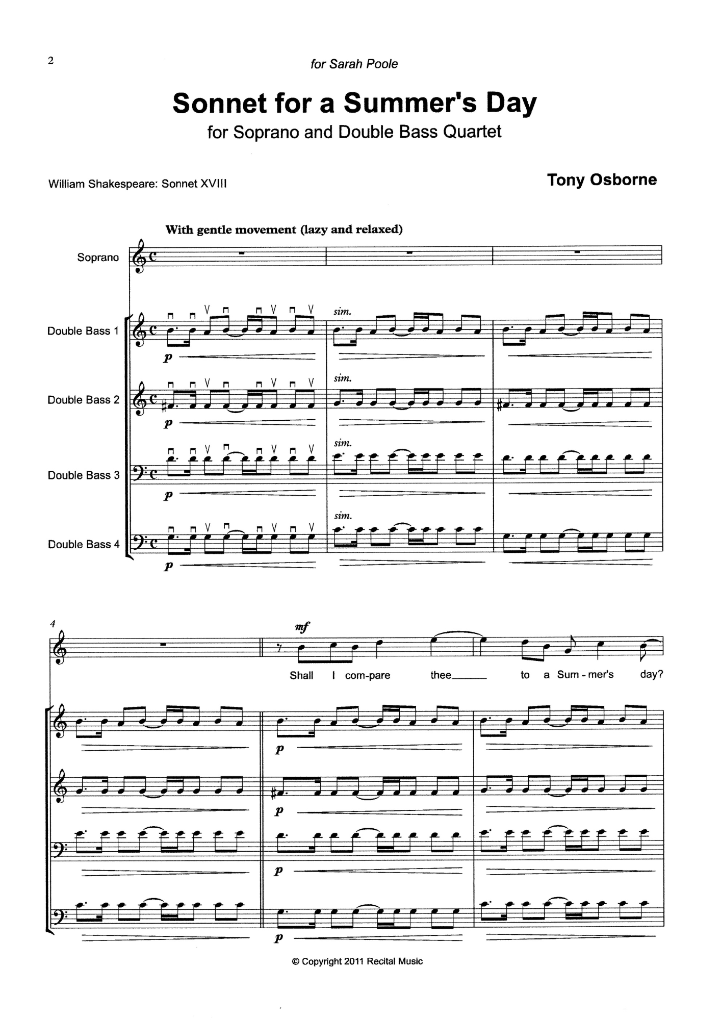 Tony Osborne: Sonnet for a Summer's Day for soprano & double bass quartet