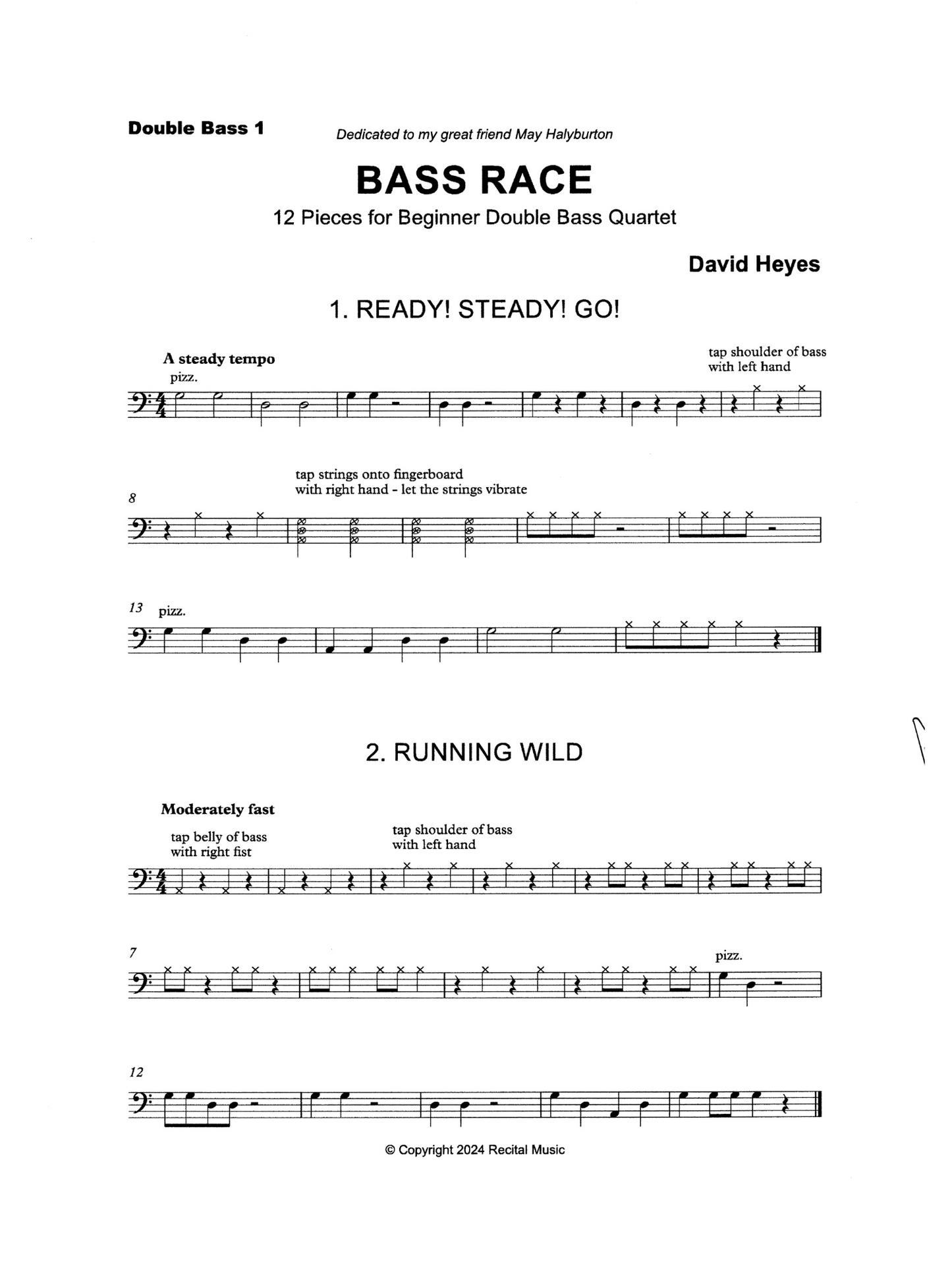 David Heyes: Bass Race - 12 Pieces for Beginner Double Bass Quartet