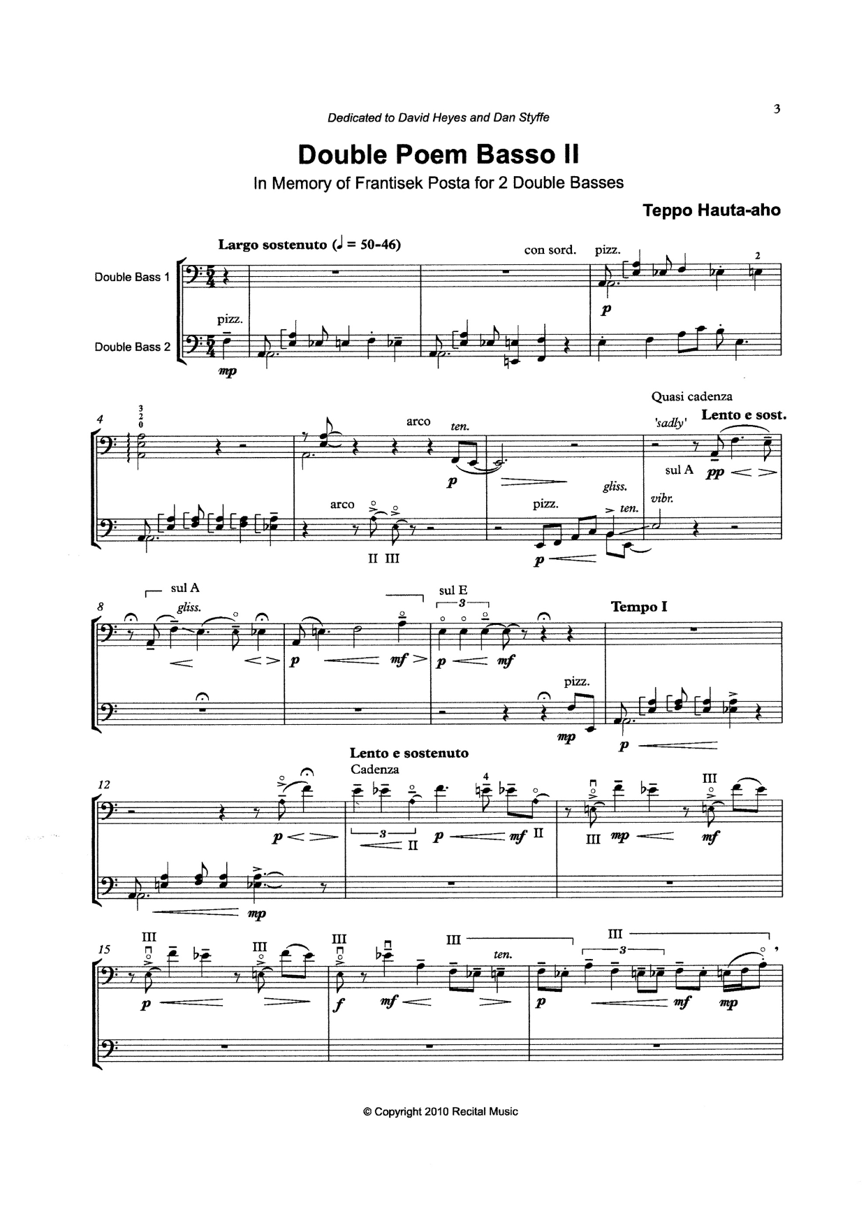 Teppo Hauta-aho: Double Poem Basso II - in memory of František Pošta for 2 double basses