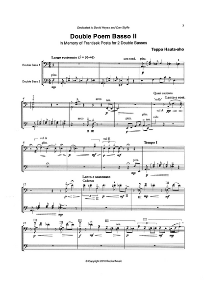 Teppo Hauta-aho: Double Poem Basso II - in memory of František Pošta for 2 double basses