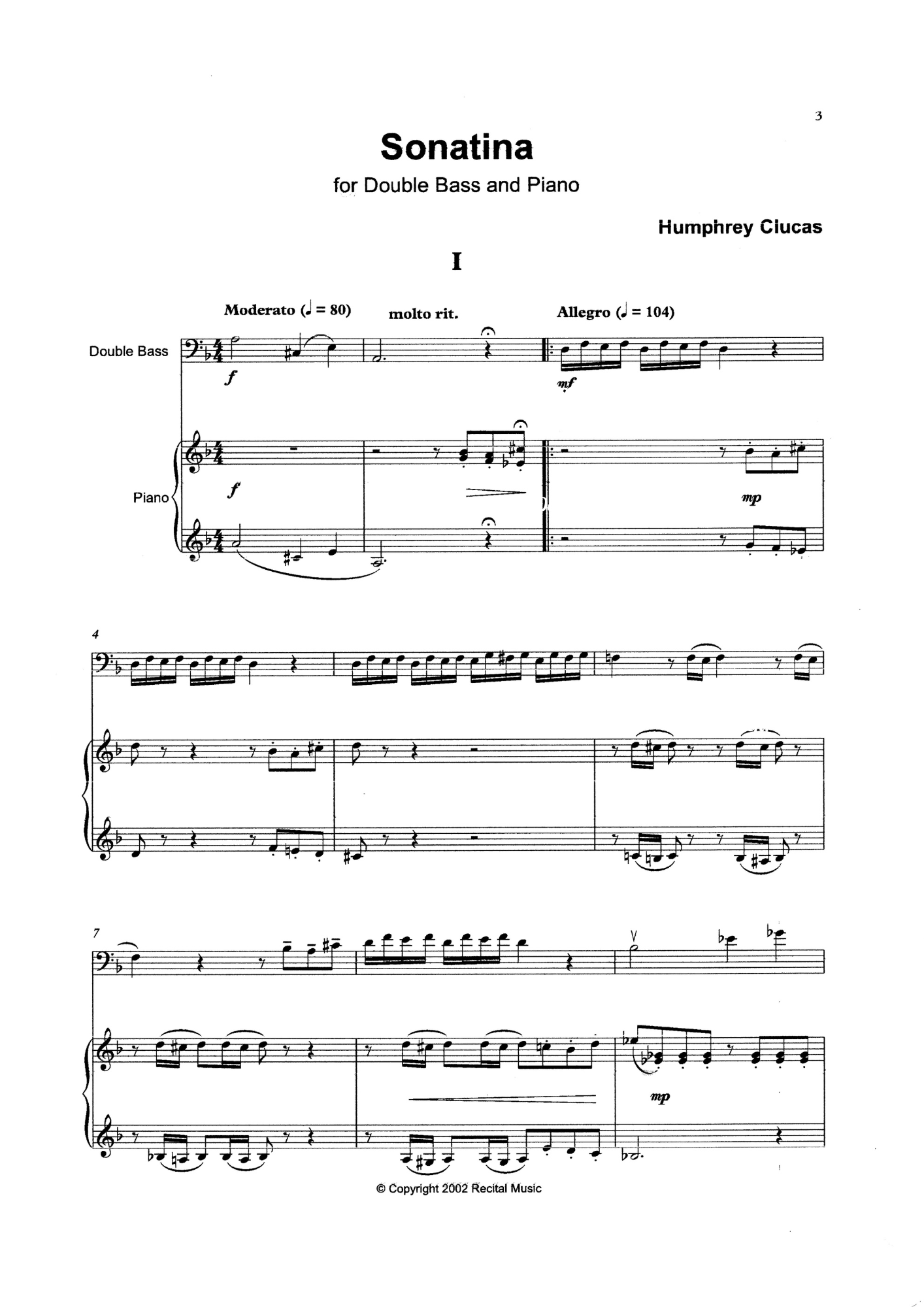 Humphrey Clucas: Sonatina for double bass & piano