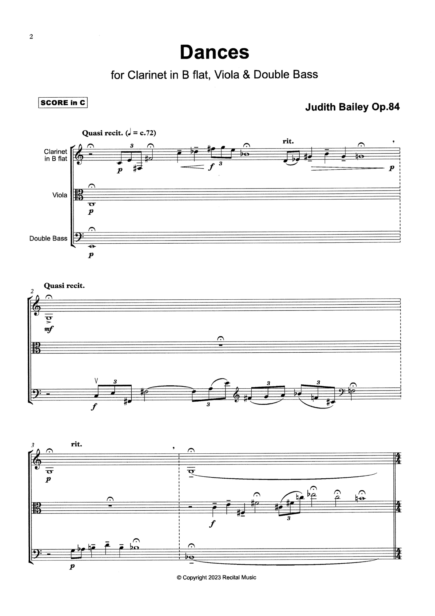 Judith Bailey: Dances Op.84 for clarinet in B flat, viola & double bass