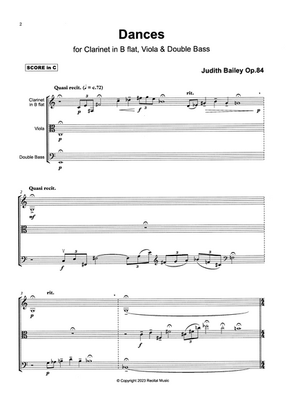 Judith Bailey: Dances Op.84 for clarinet in B flat, viola & double bass