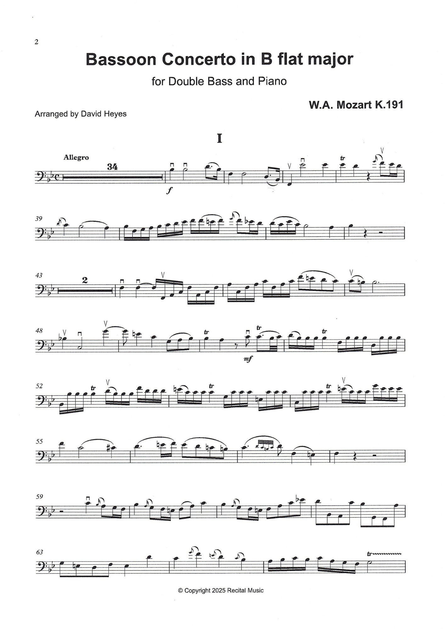 W.A. Mozart: Bassoon Concerto in B flat major for double bass & piano (arr. Heyes)