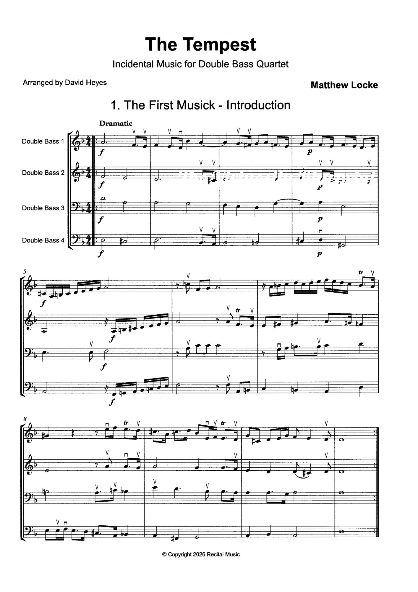 Matthew Locke: The Tempest for double bass quartet (arr. David Heyes)