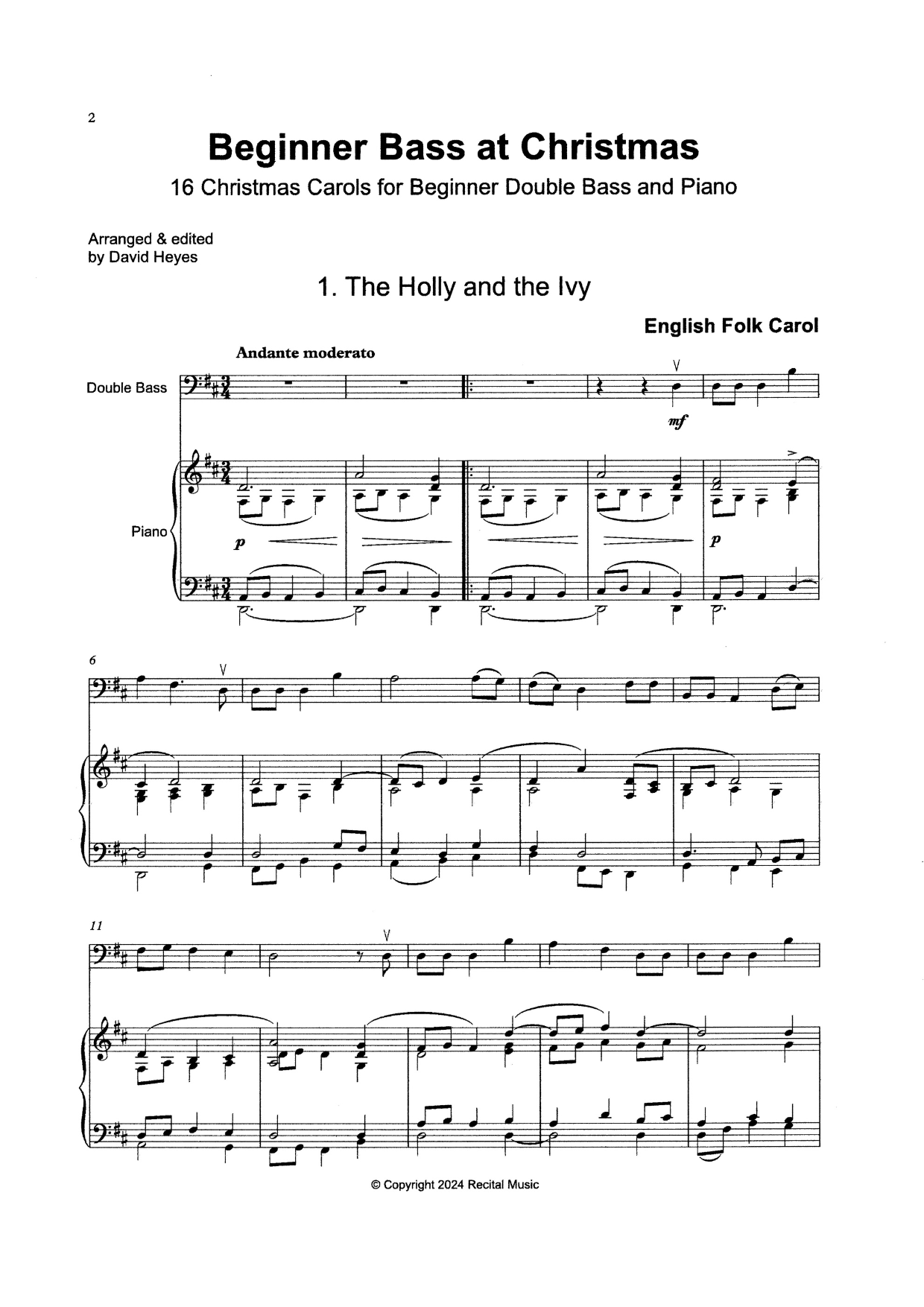 Beginner Bass at Christmas: 16 Christmas Carols for Beginner Double Bass & Piano (arr. Heyes)