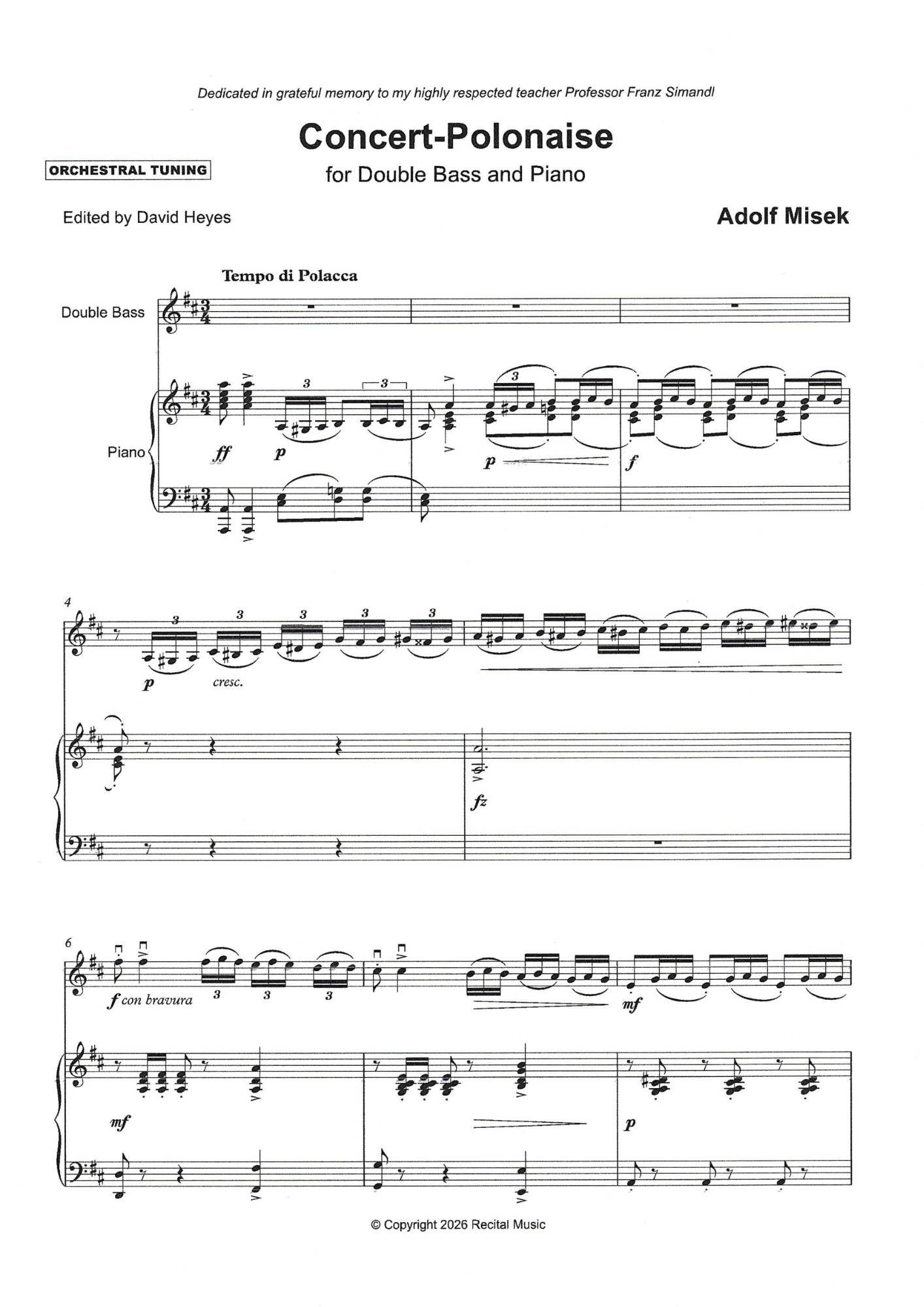 Adolf Míšek: Concert-Polonaise for double bass and piano, orchestral tuning (ed. David Heyes)