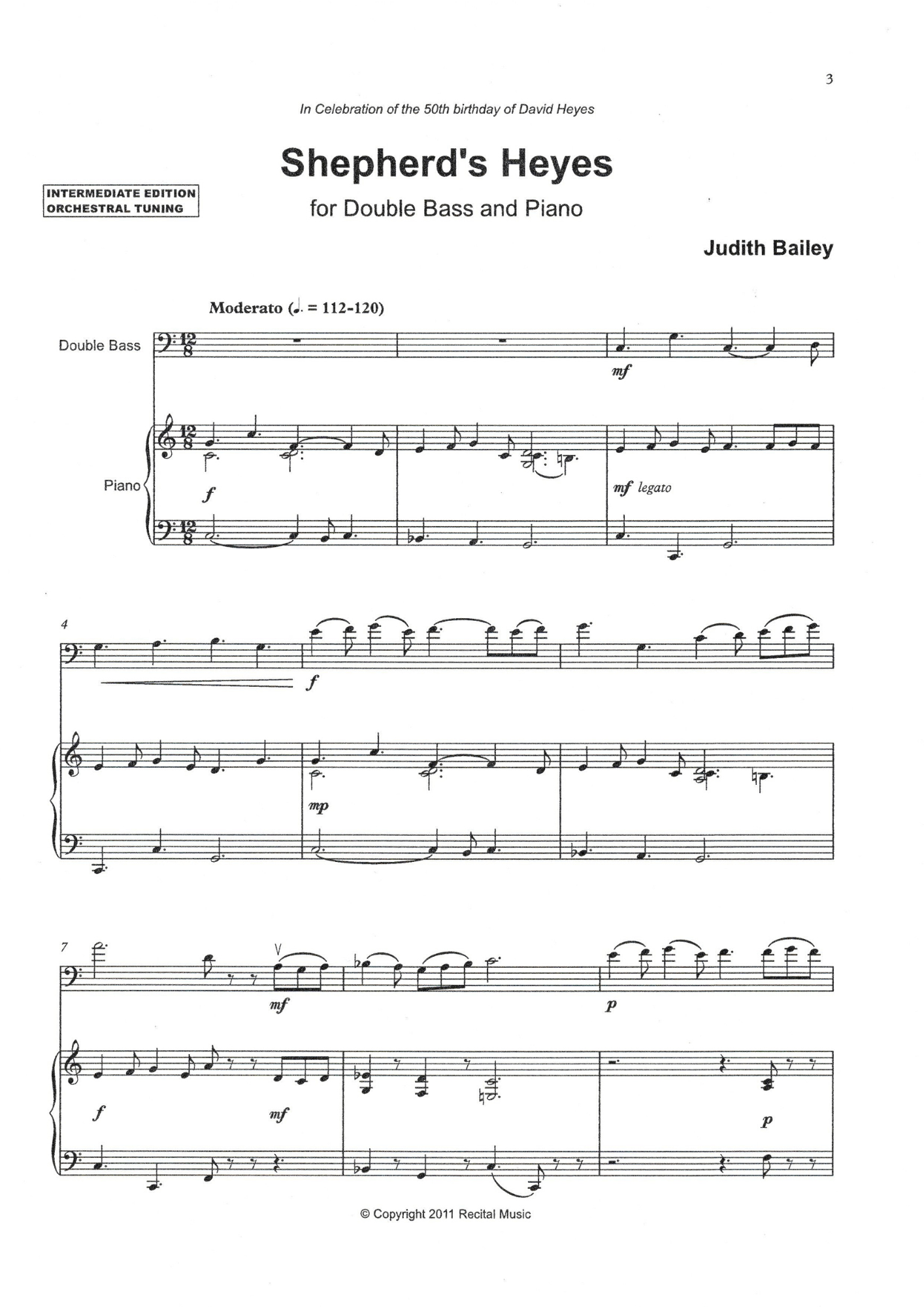 Judith Bailey: Shepherd's Heyes for double bass & piano