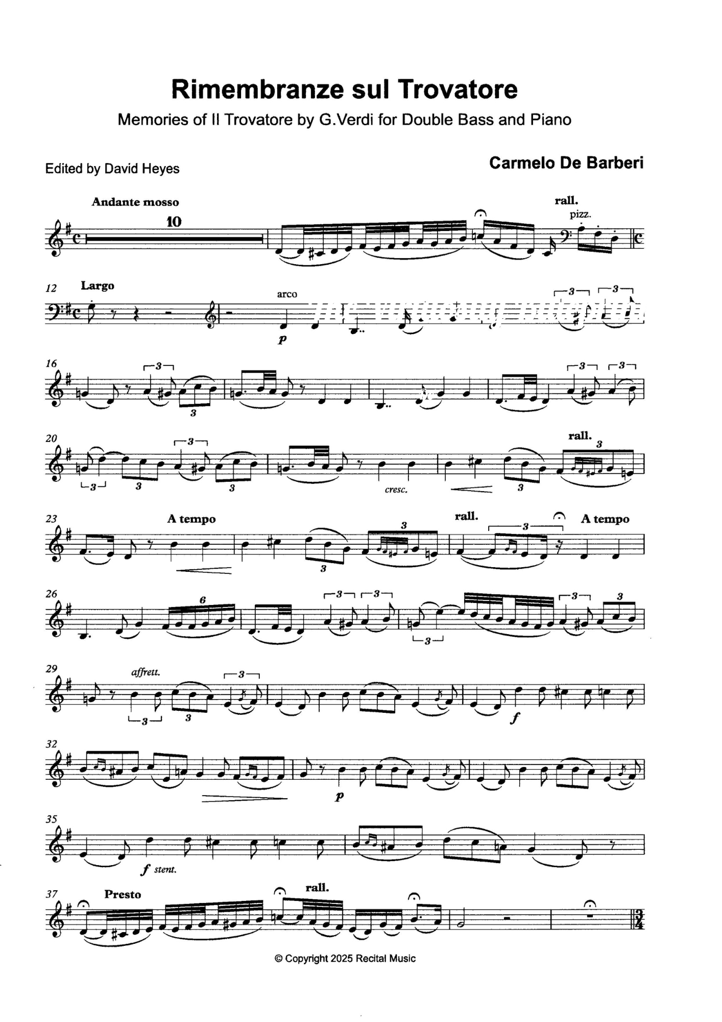 Carmelo de Barberi: Rimembranze sul Trovatore (Memories of Il Trovatore by G.Verdi) for double bass & piano (ed. David Heyes)