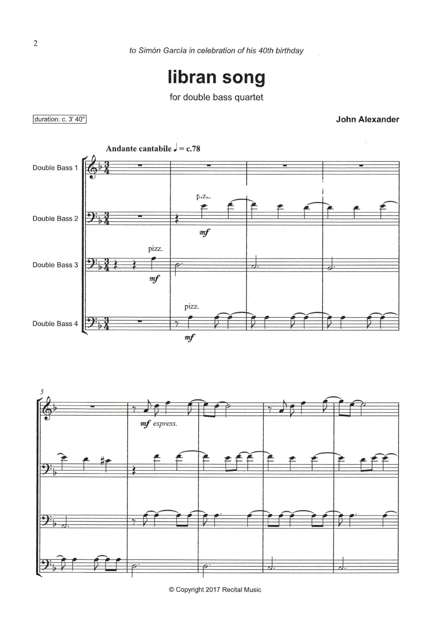 John Alexander: libran song for double bass quartet