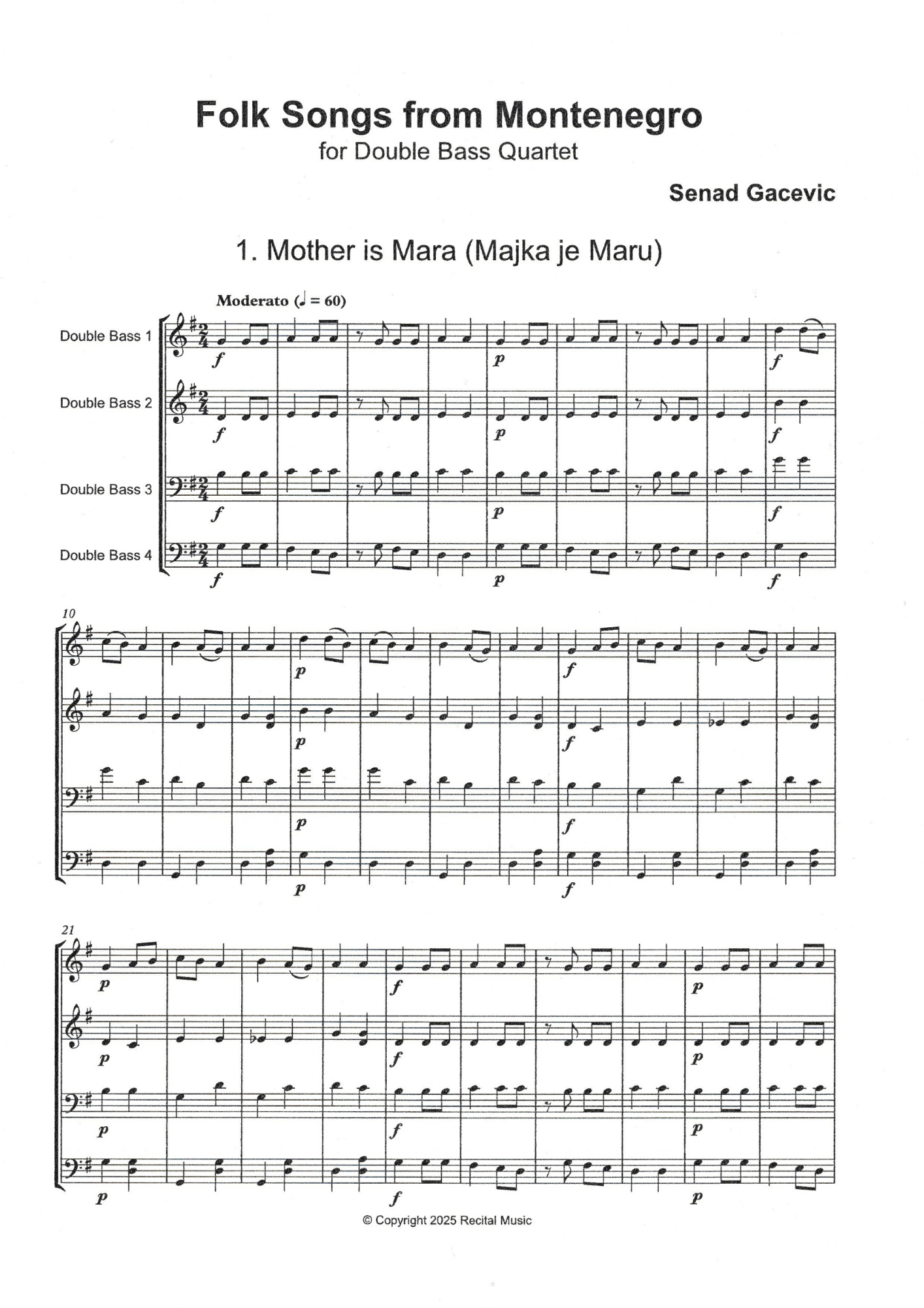 Senad Gacevic: Folk Songs from Montenegro for double bass quartet