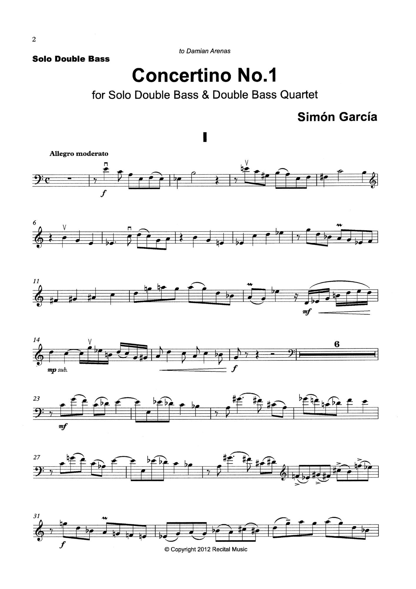 Simon Garcia: Concertino No. 1 for solo double bass & double bass quartet