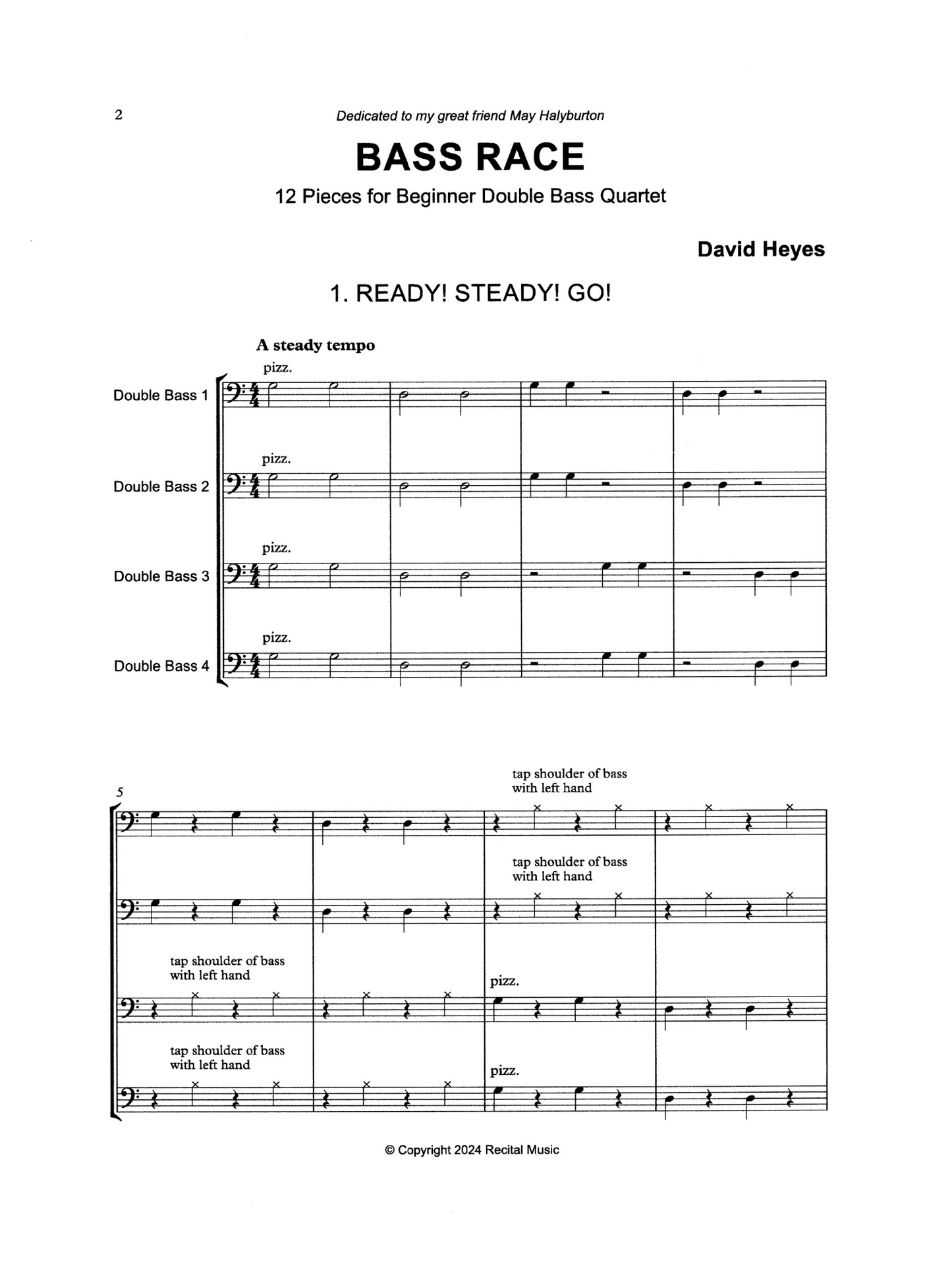 David Heyes: Bass Race - 12 Pieces for Beginner Double Bass Quartet