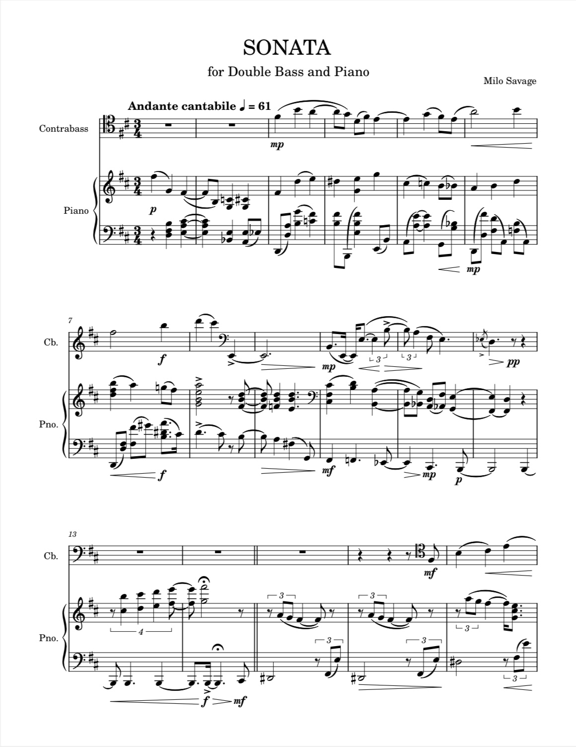 Milo Savage: Sonata in B Minor for double bass and piano