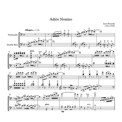 Piazzolla: Adiós Nonino Duo for violoncello and double bass (ed. Soteldo)