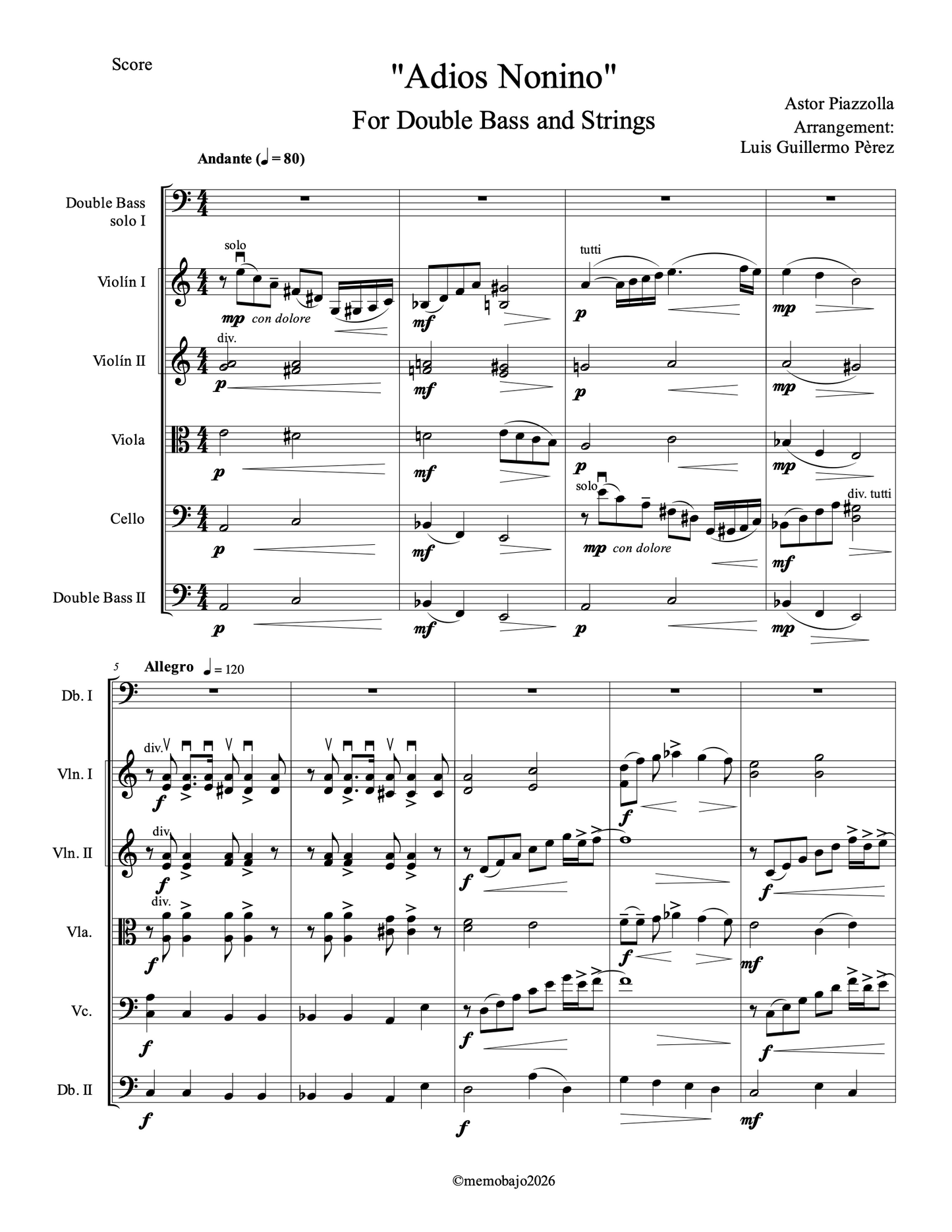 Piazzolla: Adiós Nonino for Db and String Orchestra (Perez)
