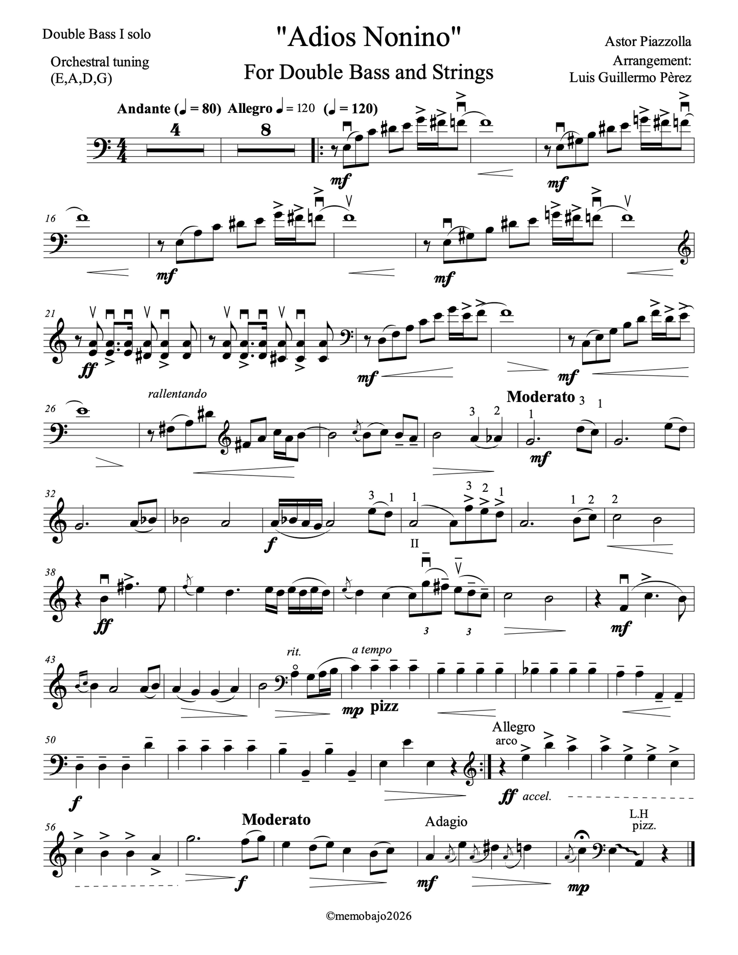 Piazzolla: Adiós Nonino for Db and String Orchestra (Perez)