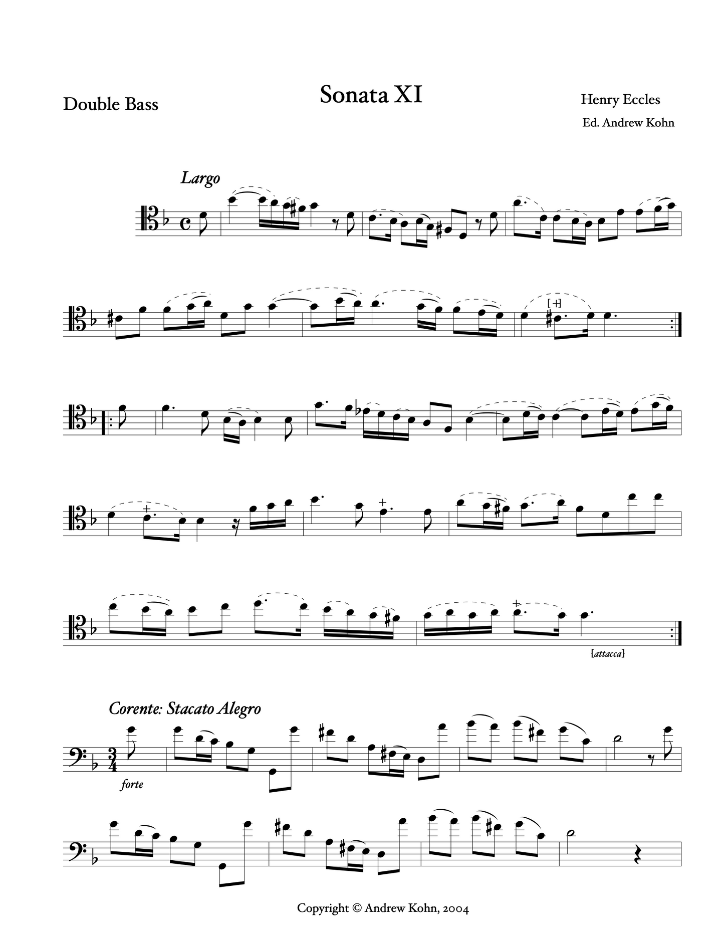 Henry Eccles: Sonata No. 11 (published 1720), for string bass and piano (Kohn)