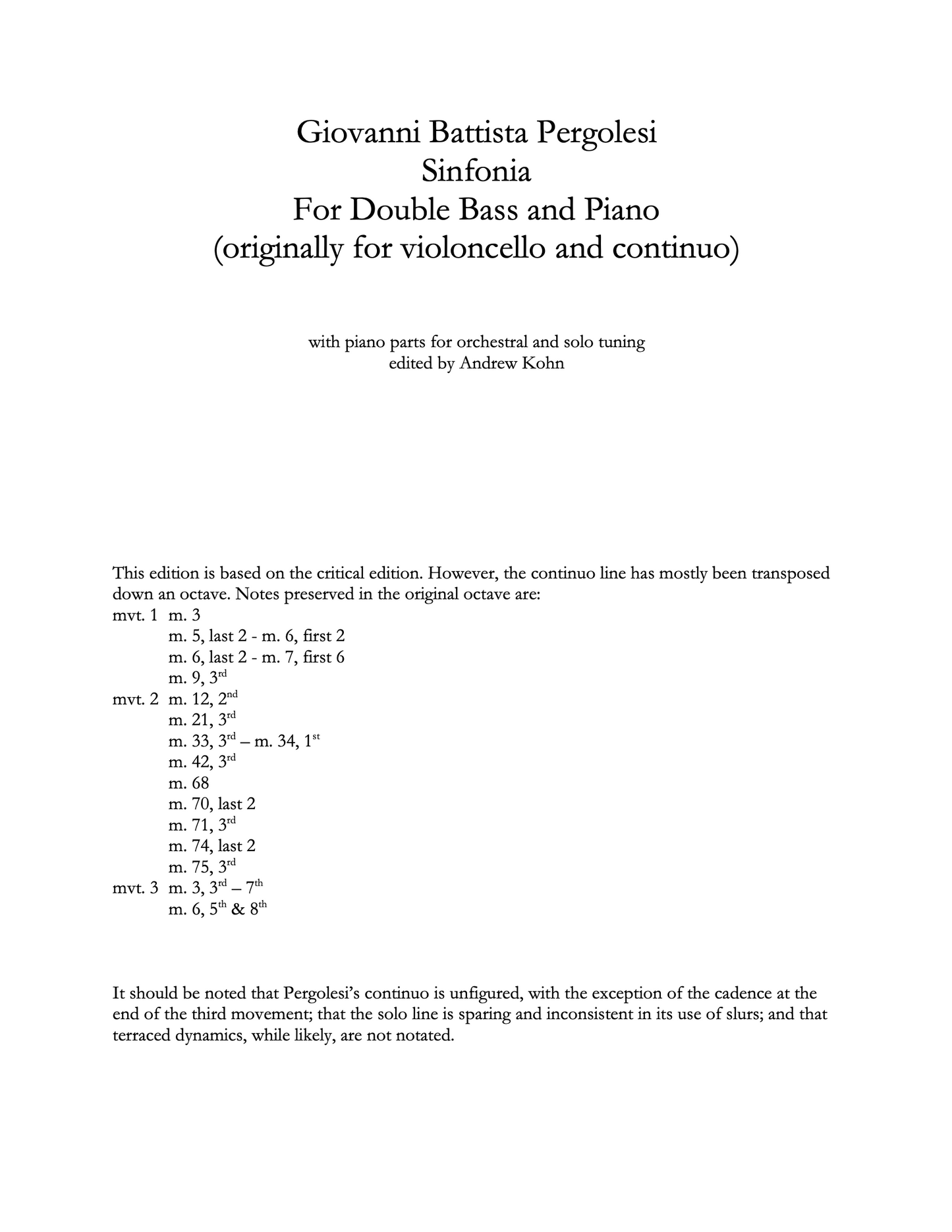 Giovanni Battista Pergolesi: Sinfonia for Double Bass and Piano (ed. Kohn)