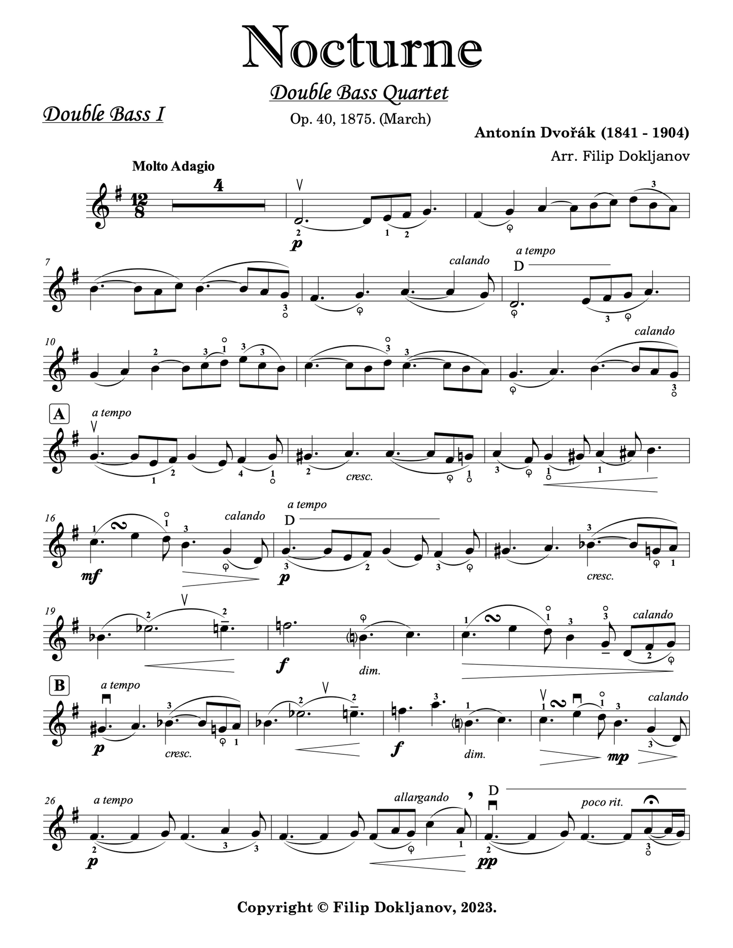 Dvořák: Nocturne in B Major Op. 40 arranged for double bass quartet (Dokljanov)