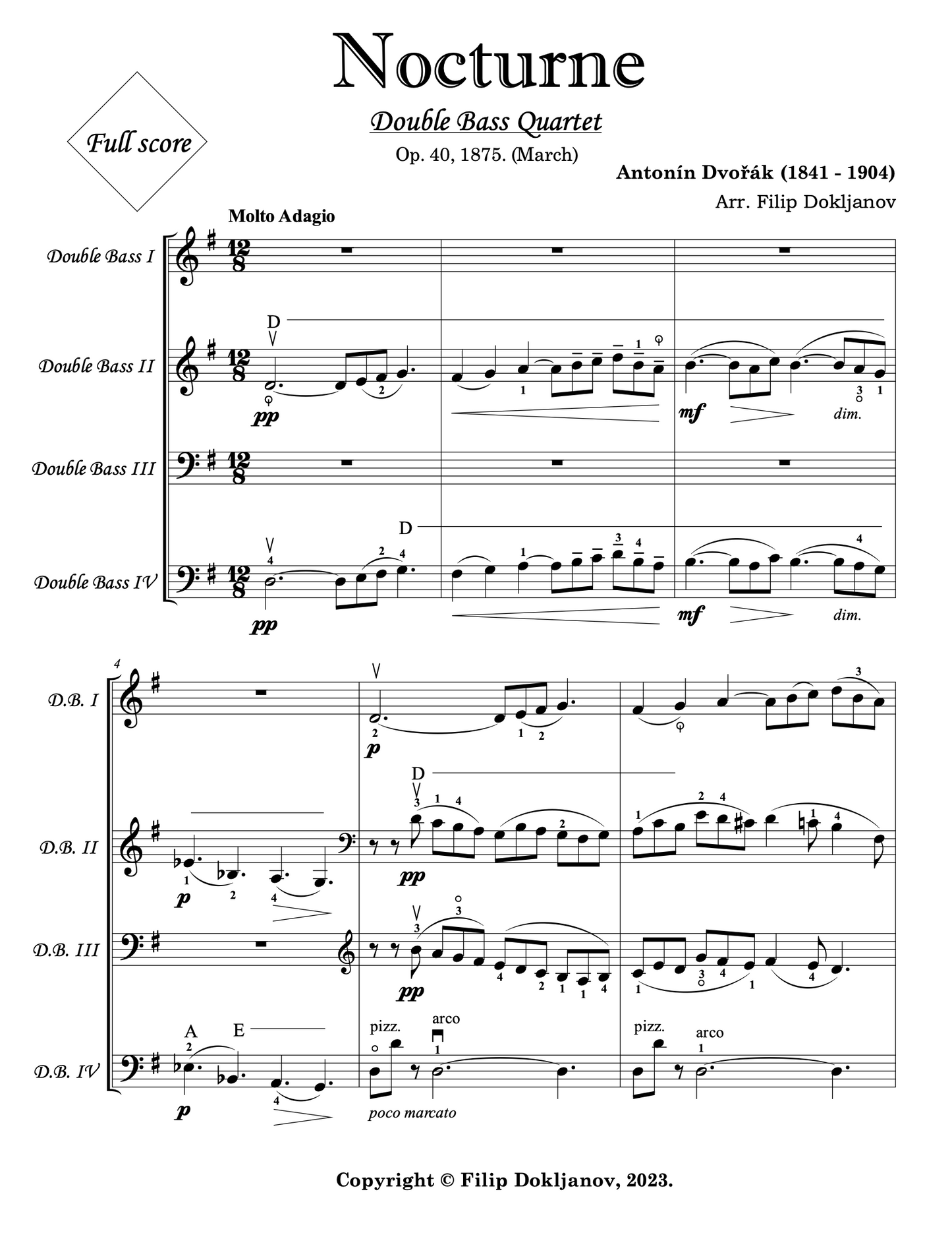 Dvořák: Nocturne in B Major Op. 40 arranged for double bass quartet (Dokljanov)