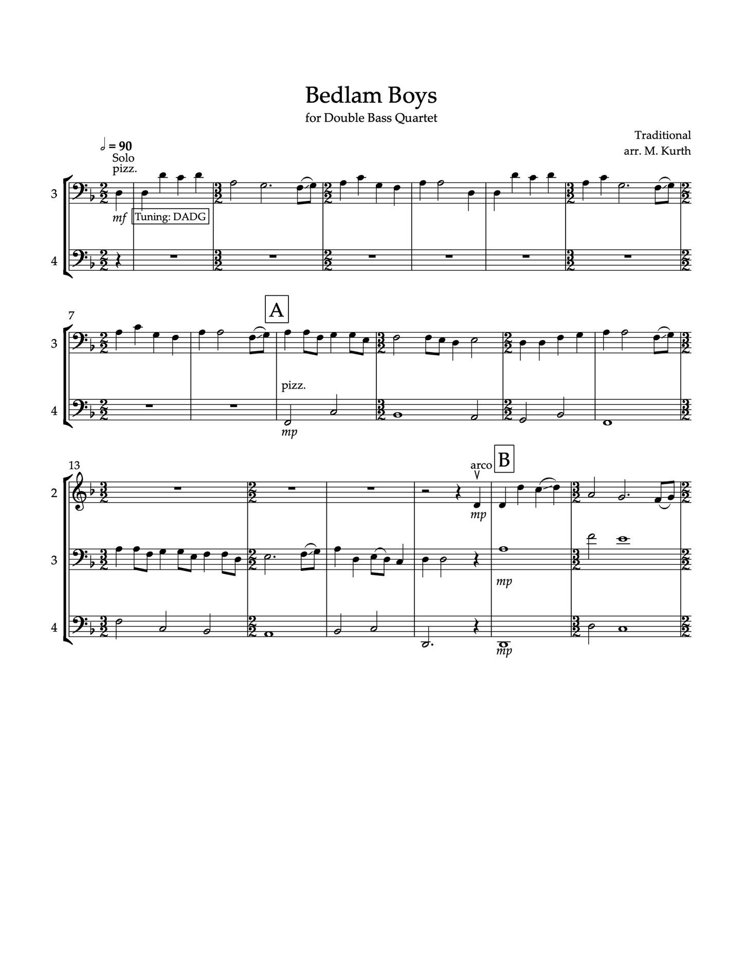 Bedlam Boys for Double Bass Quartet (arr. Kurth)