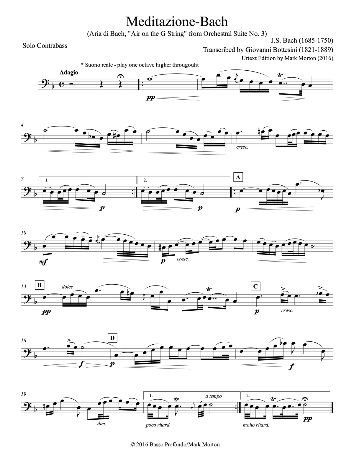 Bottesini: Meditazione-Bach (Aria di Bach, "Air on the G String") for Double Bass and Piano (urtext ed. Mark Morton)