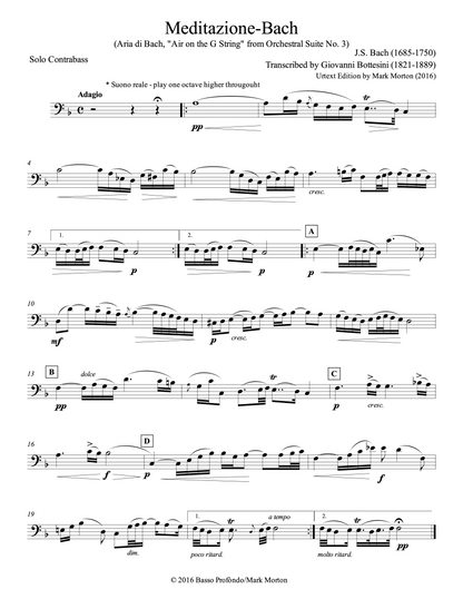 Bottesini: Meditazione-Bach (Aria di Bach, "Air on the G String") for Double Bass and Piano (urtext ed. Mark Morton)