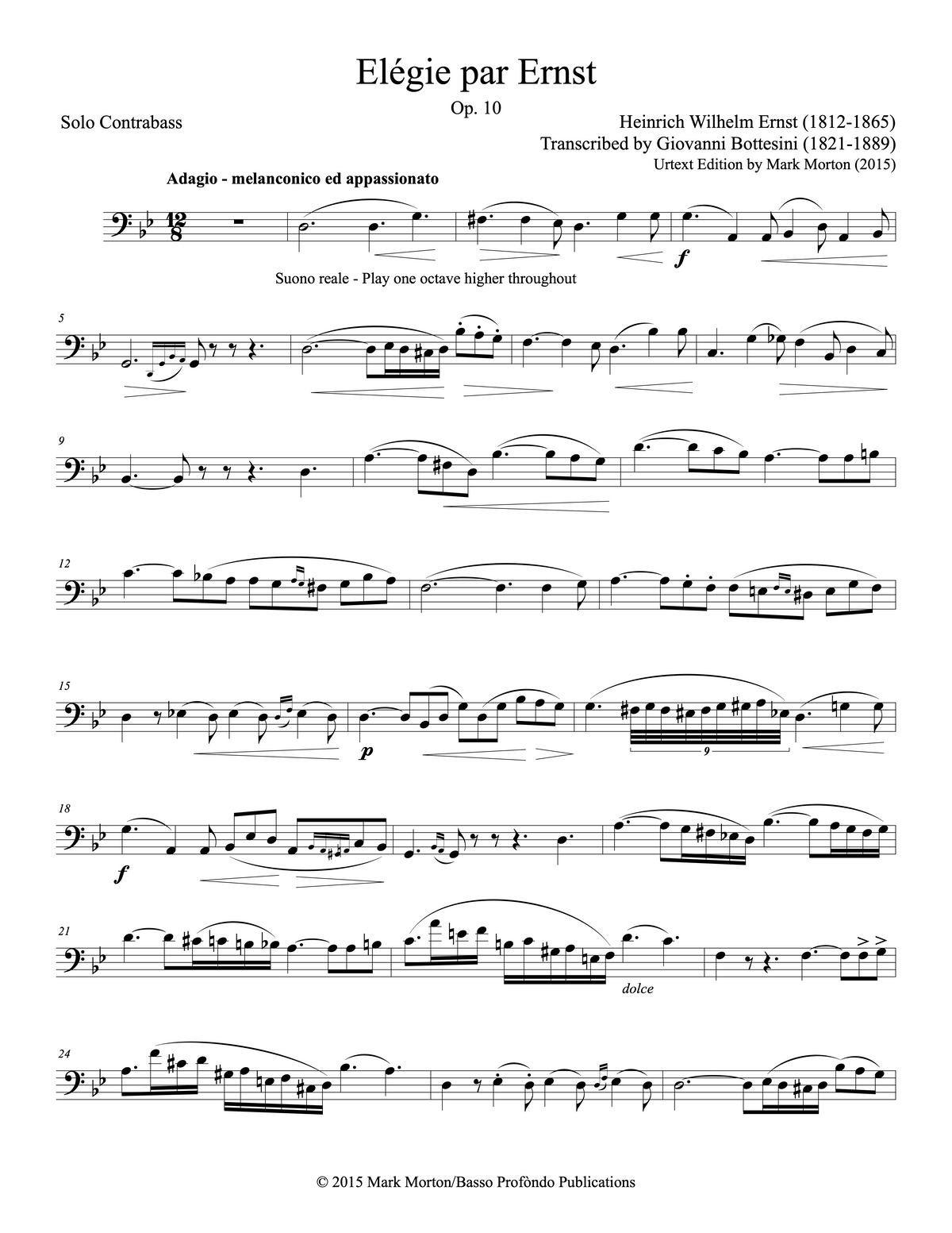 Bottesini: Elegy par Ernst for Double Bass and Piano (urtext ed. Mark Morton)