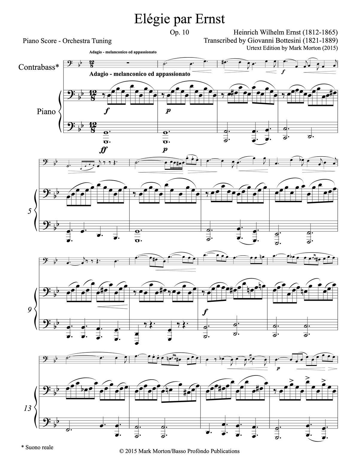 Bottesini: Elegy par Ernst for Double Bass and Piano (urtext ed. Mark Morton)
