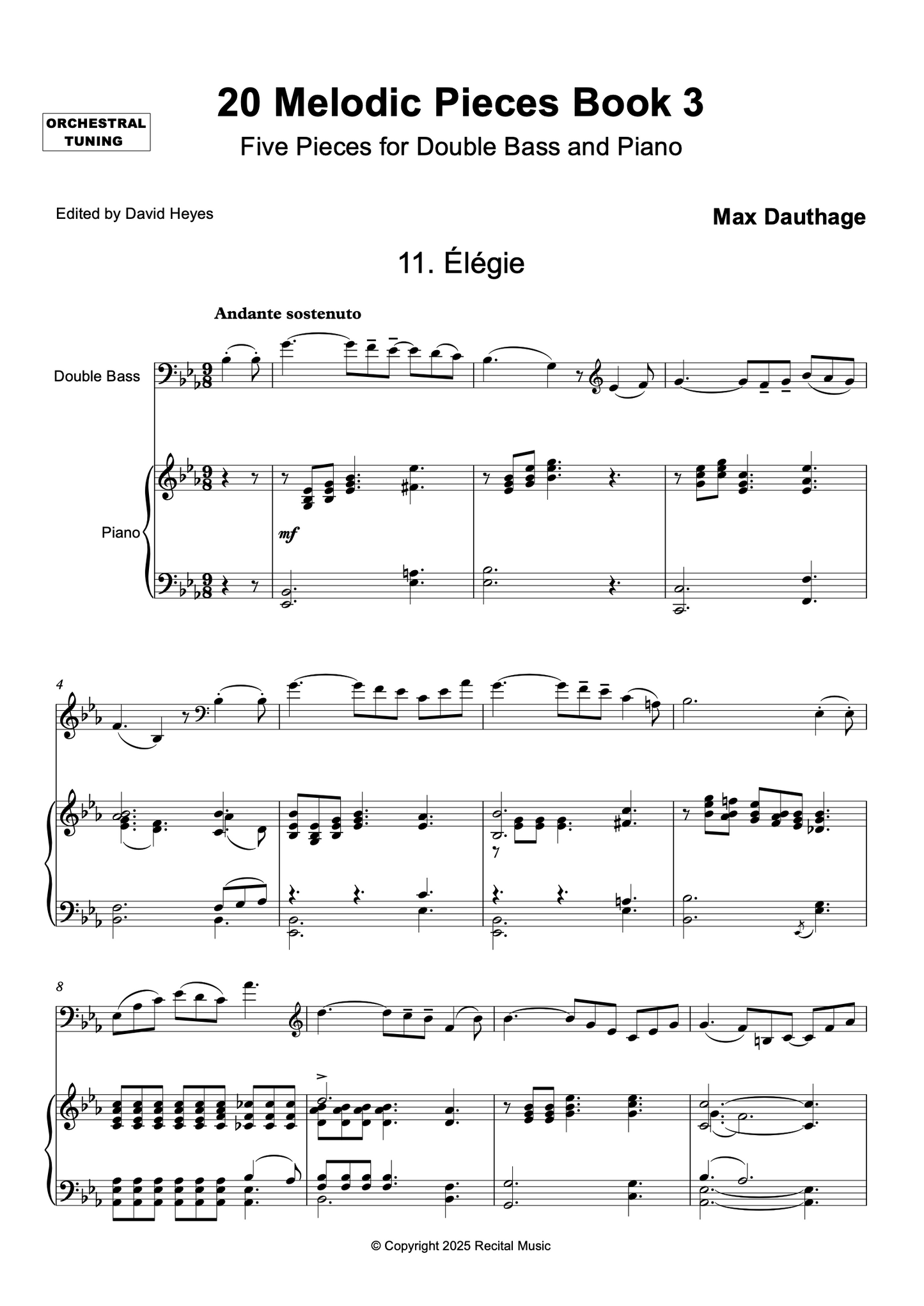 Dauthage: 20 Melodic Pieces Book 3 for double bass & piano (ed. Heyes)