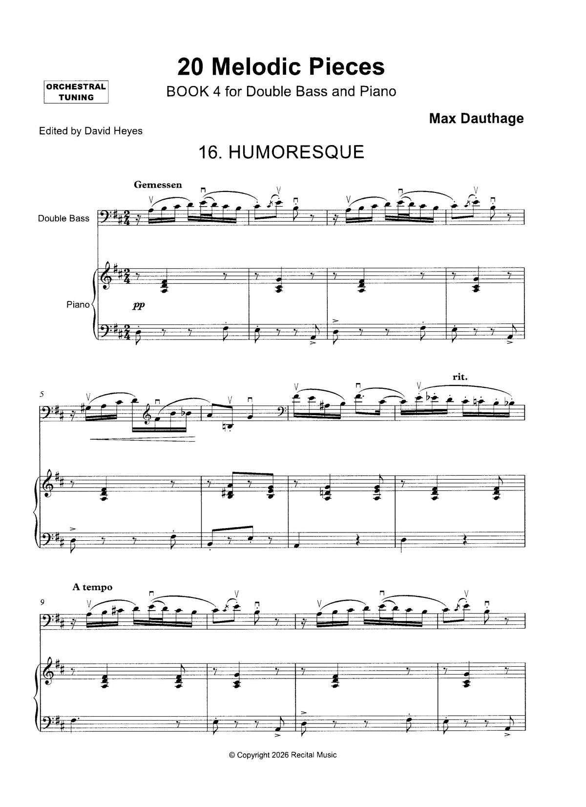 Max Dauthage: 20 Melodic Pieces Book 4 for double bass & piano