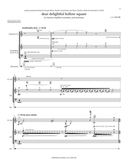J.A. Devor: dear delightful hollow square, Clarinet in A (doubled Eb soprano), amplified double bass, live electronics