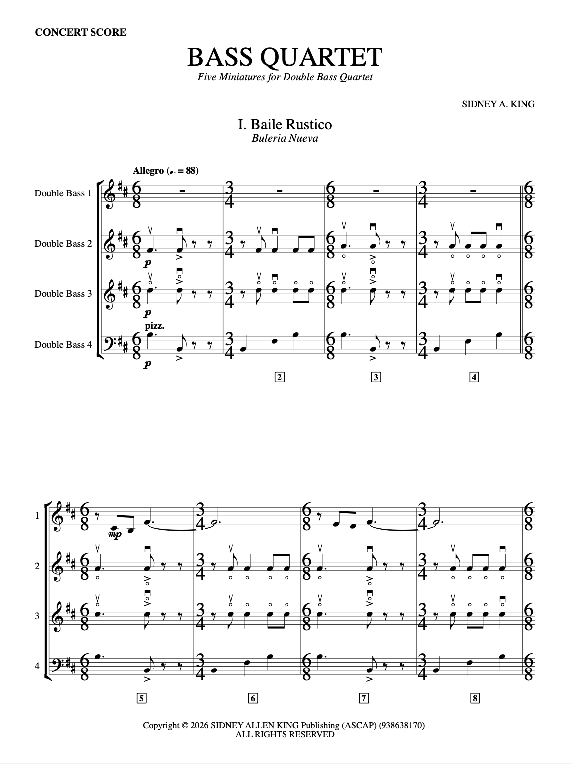Sidney King: Five Miniatures for double bass quartet