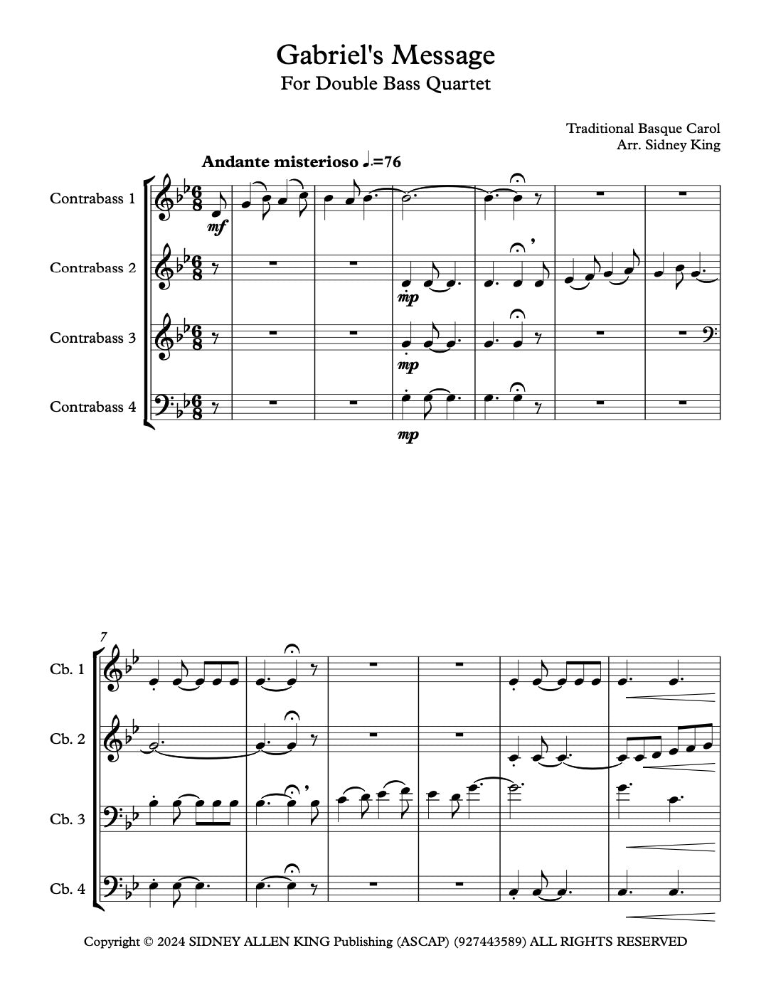 Basque Carol Traditional Basque Carol: Gabriel's Message for Double Bass Quartet ...