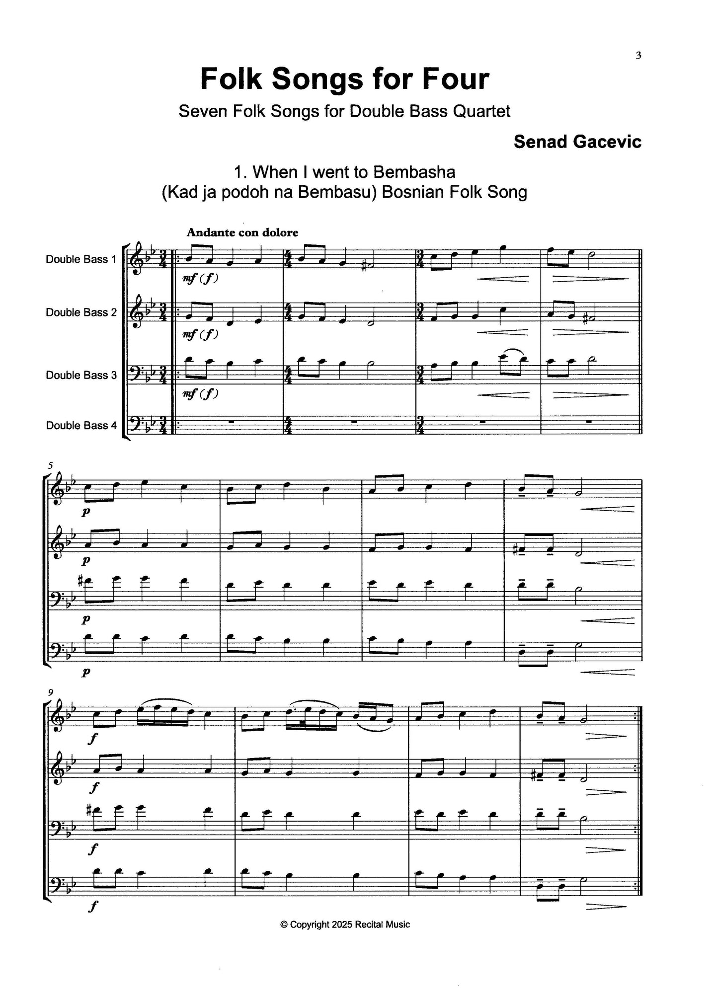 Senad Gacevic: Folk Songs for Four: Seven Folk Songs for double bass quartet