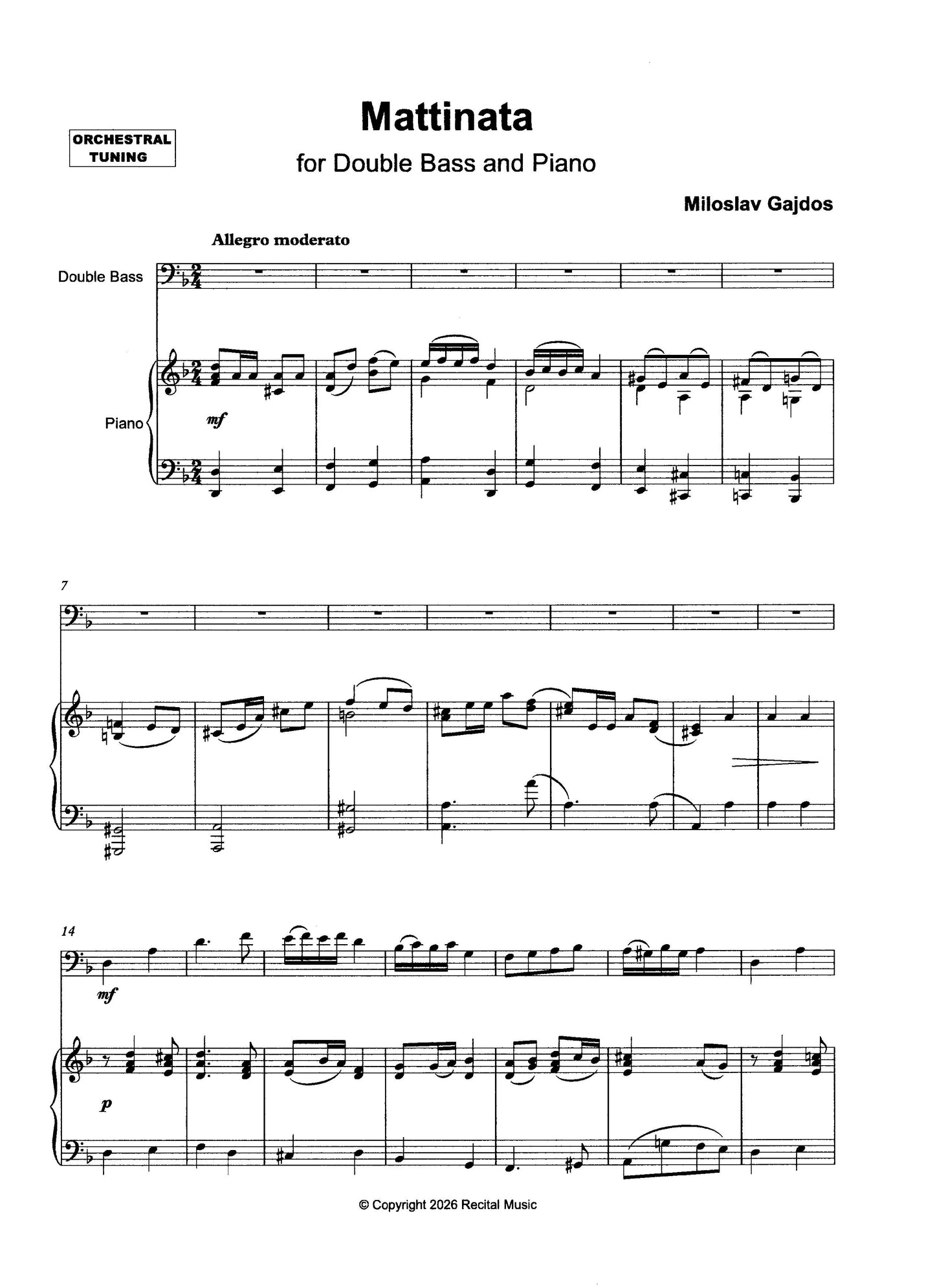 Miloslav Gajdos: Mattinata for double bass & piano