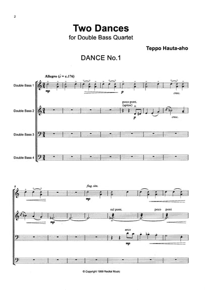 Teppo Hauta-aho: Two Dances for double bass quartet