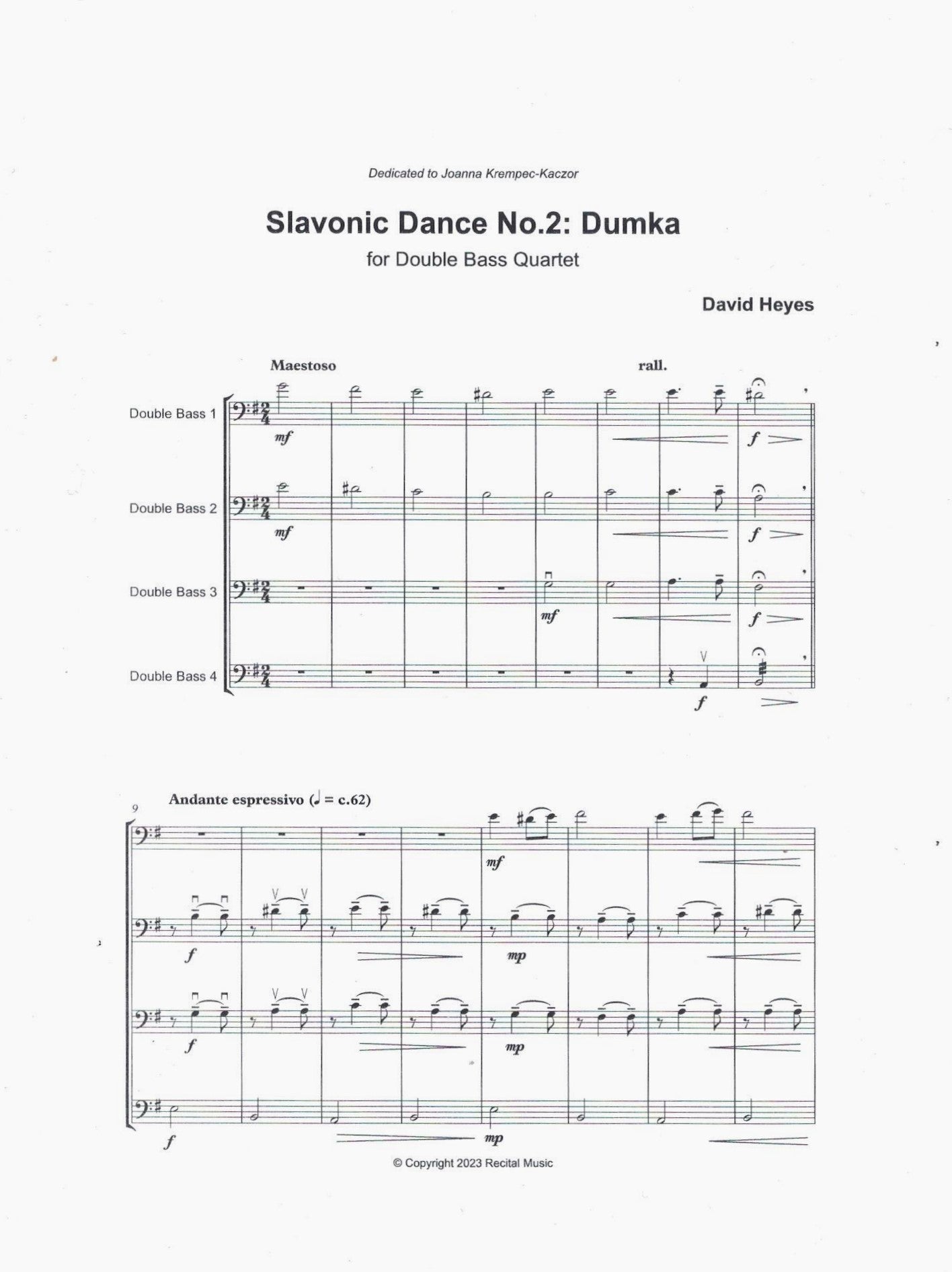 David Heyes: Slavonic Dance No. 2: Dumka for double bass quartet