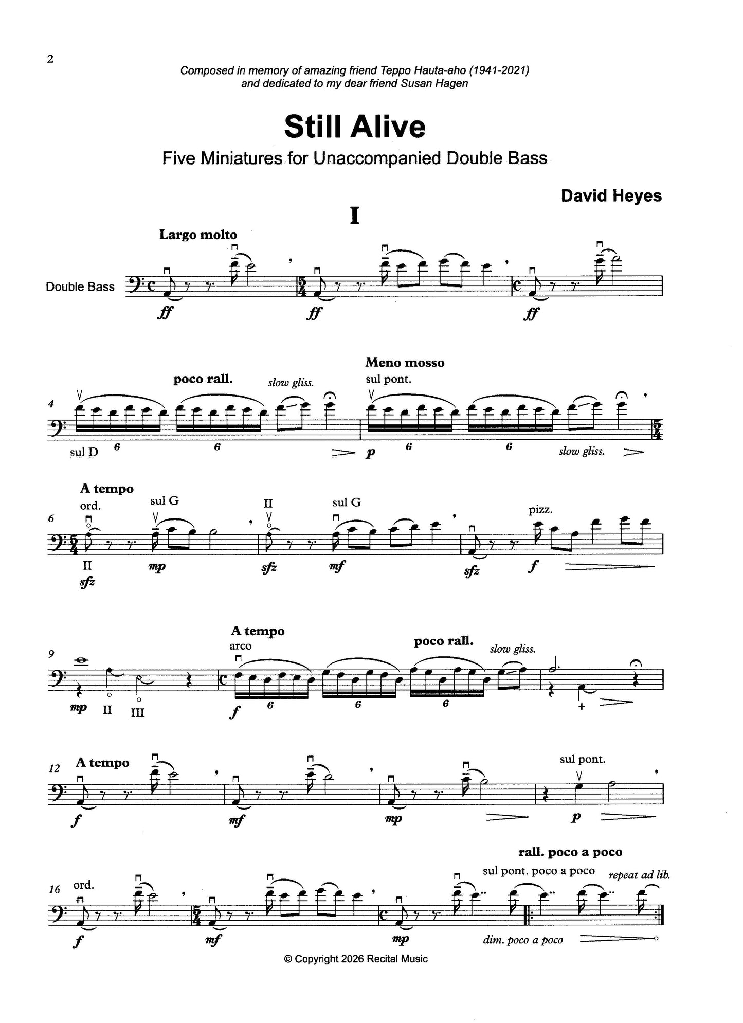 David Heyes: Still Alive - Five Miniatures for unaccompanied double bass
