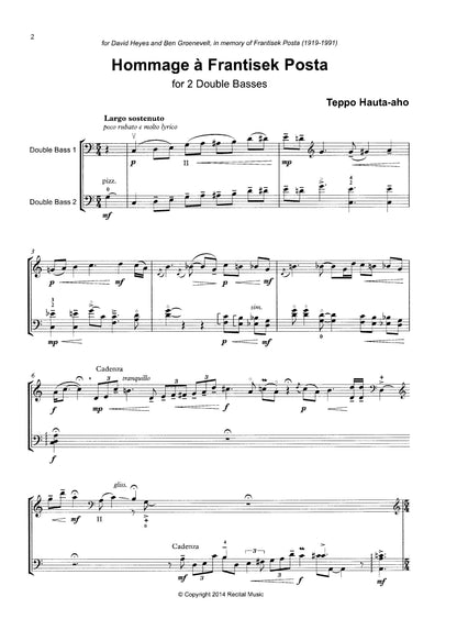 Teppo Hauta-aho: Hommage a Frantisek Posta for 2 Double Basses
