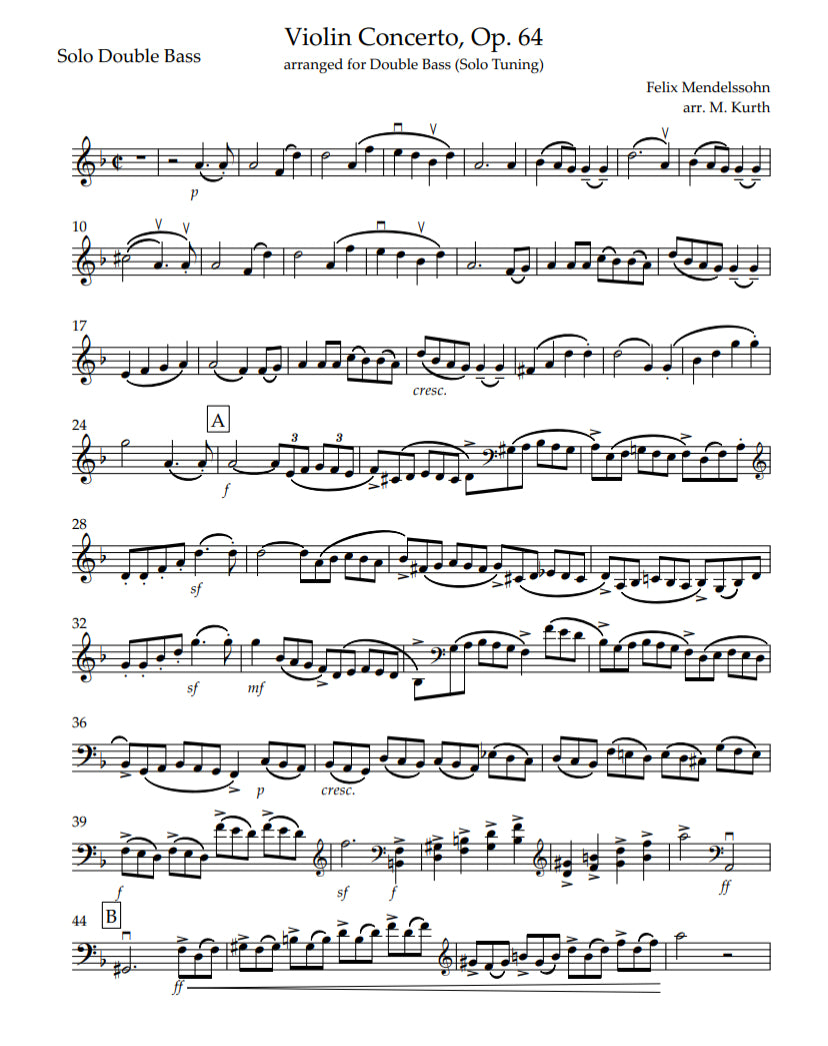 Mendelssohn: Violin Concerto in E Minor, Op. 64, transcribed for doubl –  Double Bass Sheet Music