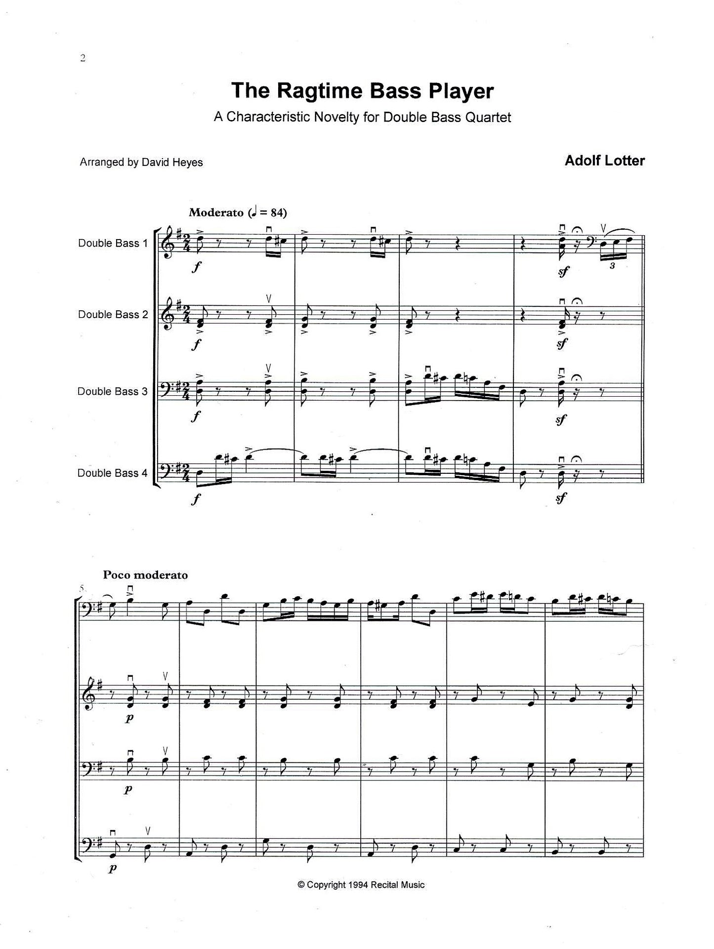 Adolf Lotter: The Ragtime Bass Player for double bass quartet (arr. David Heyes)