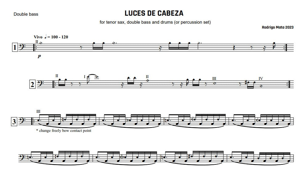 Rodrigo Mata: Luces de Cabeza (Headlights) for sax, double bass and drums (or percussion)