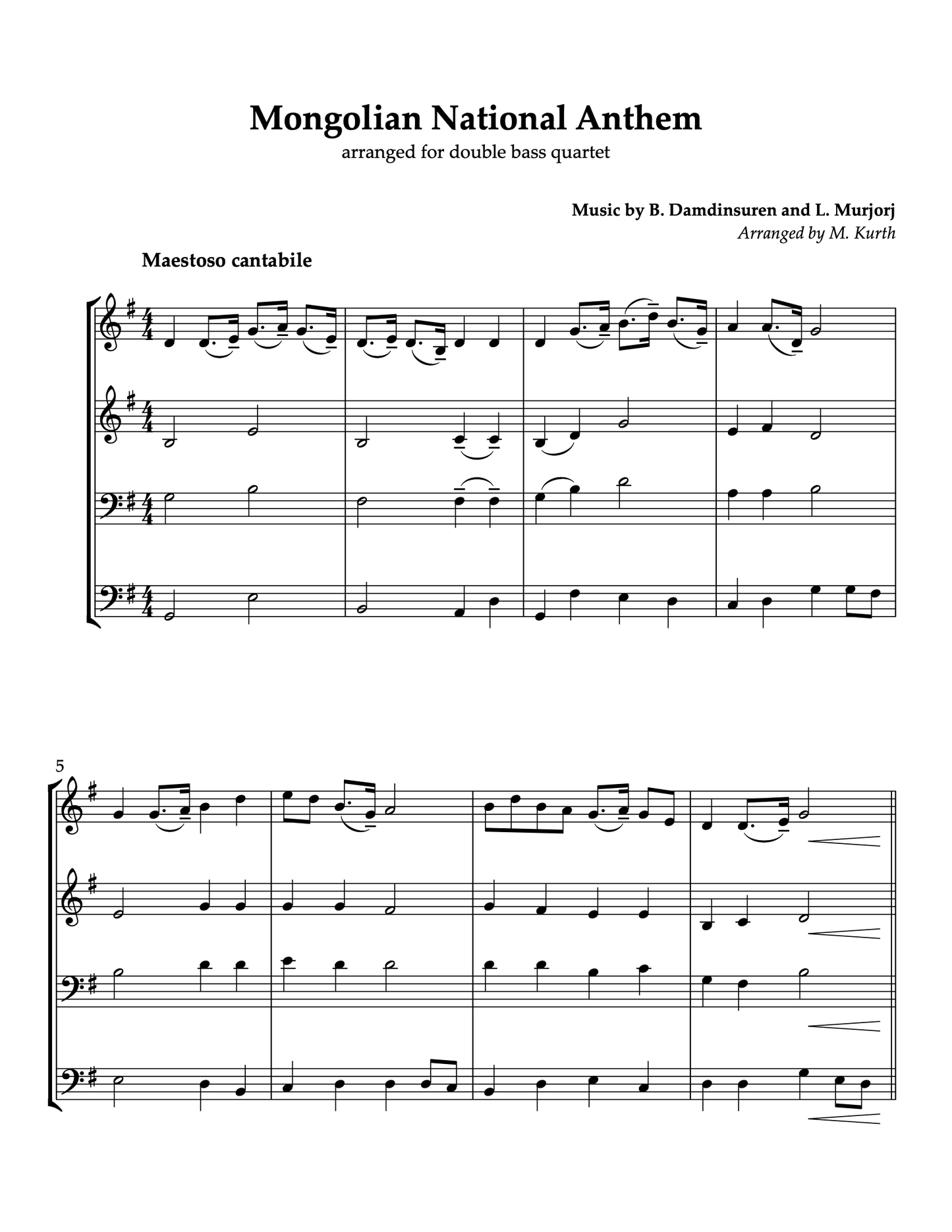 Mongolian National Anthem for double bass quartet (arr. Michael Kurth)