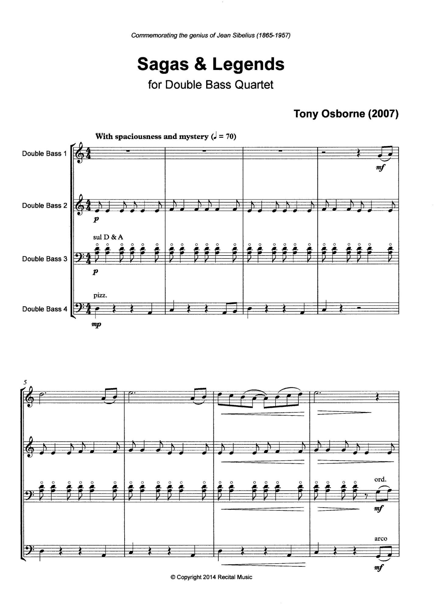 Tony Osborne: Sagas & Legends for double bass quartet